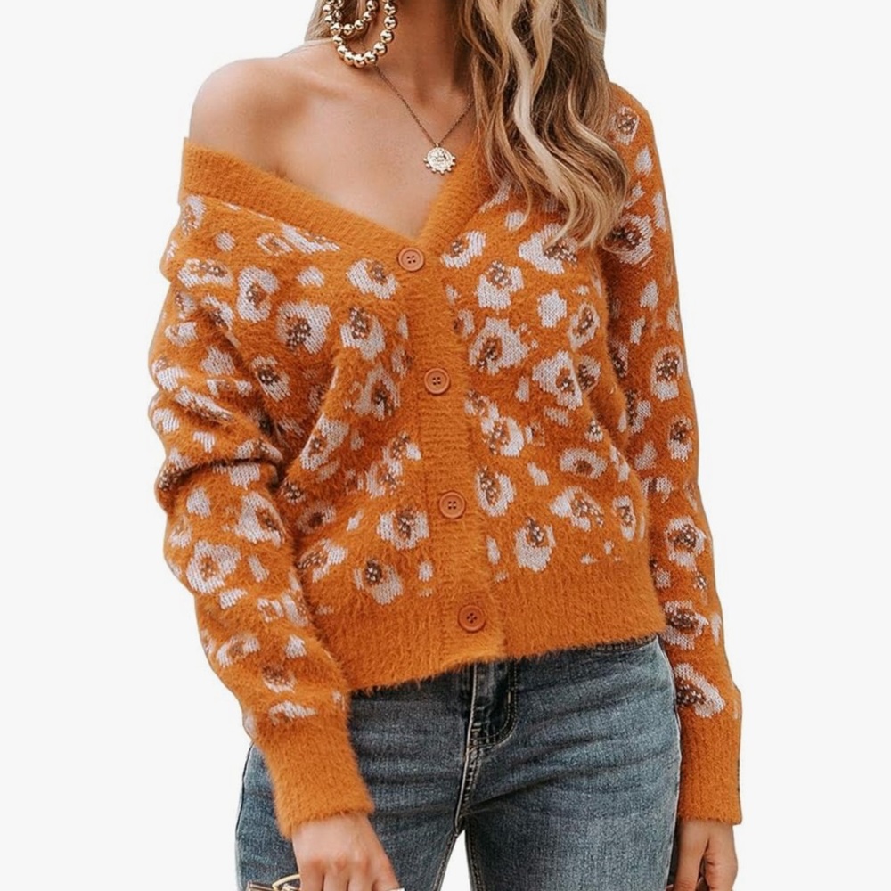 Simplee Apparel Orange Leopard Cardigan - Picture 3 of 7